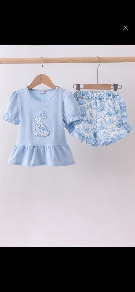 Blue Toile Bunny Shorts Set