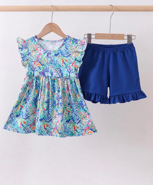 Blue Floral Shorts Set