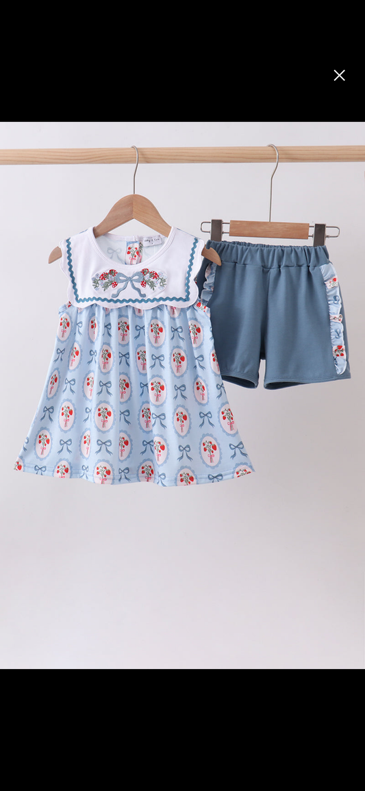 Blue bow strawberry Short Set