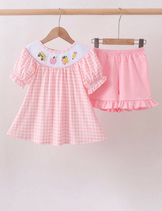 Pink Gingham School Short Set